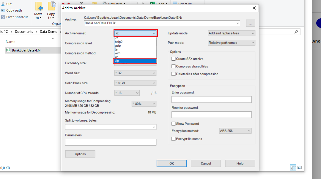 7zip zip selection