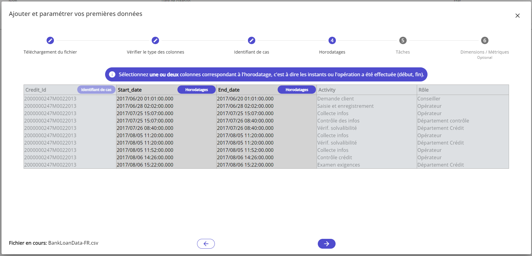 Sélection de l'horodatage